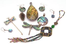 Mixed Lot: modern and nacre shell and metal jewellery to include a dragonfly brooch, a large