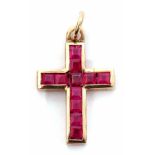 9ct gold and ruby cross pendant, channel set with 11 calibre cut rubies, 16 x 12mm