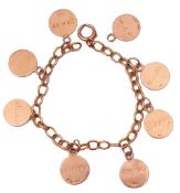 Yellow metal curb link bracelet suspending seven 9ct gold circular pendants, each wit