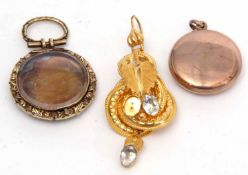 Mixed Lot: one metal foil drop earring (a/f), antique triple folding back and front circular locket,