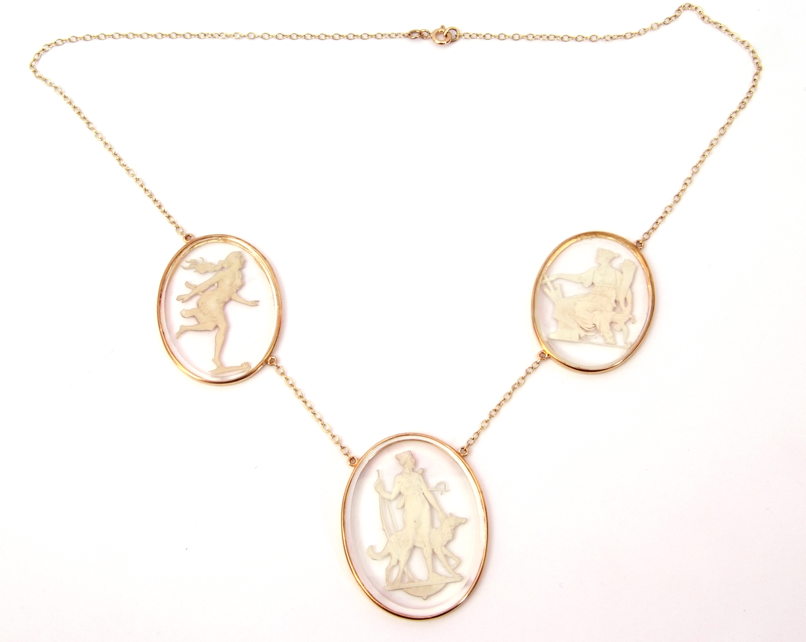 9ct gold glass intaglio necklace featuring 3 graduated glass intaglios depicting classical figures