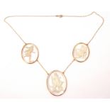 9ct gold glass intaglio necklace featuring 3 graduated glass intaglios depicting classical figures