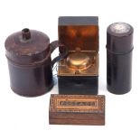 Mixed Lot: vintage Toleware portable candlestick together with a leather cased travelling inkwell, a