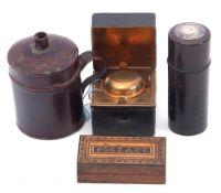 Mixed Lot: vintage Toleware portable candlestick together with a leather cased travelling inkwell, a