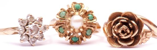 Mixed Lot: 9ct gold rose head ring, a 9ct gold seed pearl and turquoise cluster ring together with a