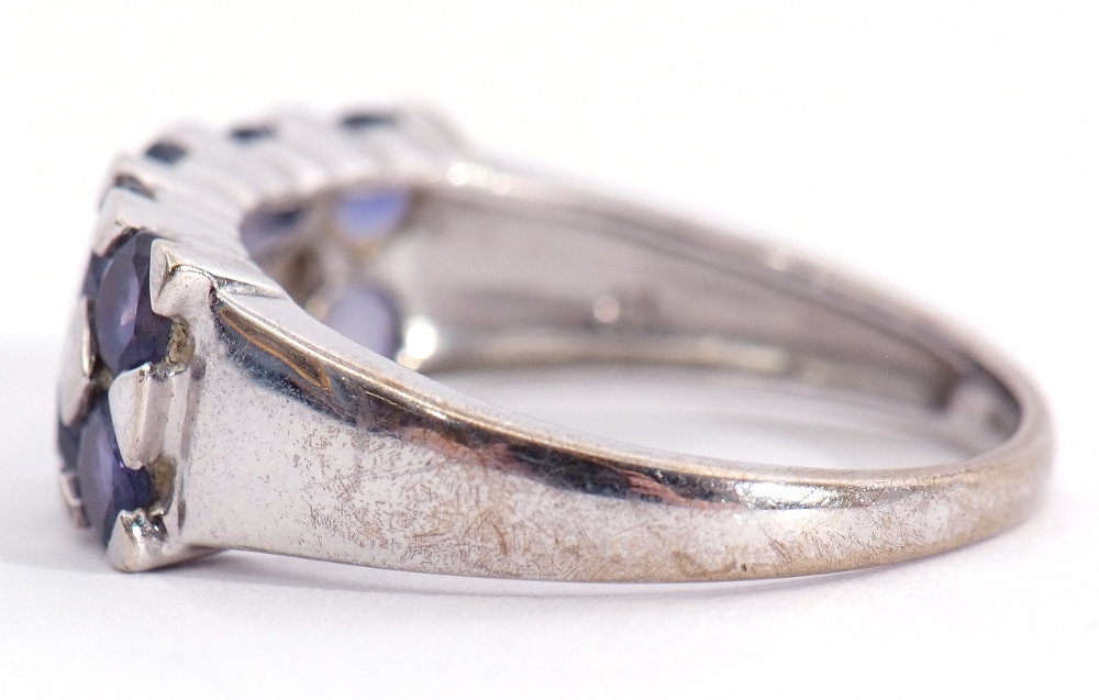 9ct white gold Iolite set ring, a chequerboard design in part rub over setting, all in a castellated - Image 2 of 11