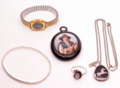 Mixed Lot: vintage oval porcelain hand painted locket depicting a young musician, a lady's Oris