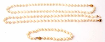 Mixed Lot: two cultured pearl necklaces, a single row of uniform beads, 6mm diam, together with a