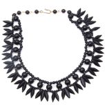 Vintage black bead fringe collar necklace, 300mm long