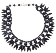 Vintage black bead fringe collar necklace, 300mm long