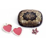 Mixed Lot: Victorian pique brooch of oval domed shape with gold and silver inlaid design, circa