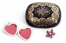 Mixed Lot: Victorian pique brooch of oval domed shape with gold and silver inlaid design, circa