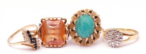 Mixed Lot: three yellow metal dress rings, blue hardstone, paste and citrine set together with a