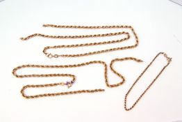 Mixed Lot: two 9Kt stamped necklaces of rope twist design, together with a 9K stamped bracelet,