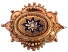 Victorian gold brooch, the raised oval centre with small seed pearl in a star engraved setting,