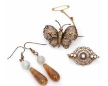 Mixed Lot: pair of agate drop earrings, gilt metal filigree butterfly brooch and one other gilt