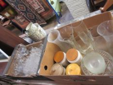 TWO BOXES OF MIXED KITCHEN GLASS WARE ETC AND VARIOUS GLASSES