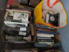 BOX OF VARIOUS BOOKS AND BOX OF VARIOUS TRAVEL ITEMS ETC AND ANOTHER BOX OF GARDENING AND OTHER