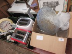 BOX OF VARIOUS KITCHEN SUNDRIES INCLUDING MATS, FRUIT BOWL ETC PLUS BOX CONTAINING VARIOUS OTHER