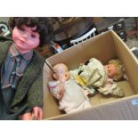 BOX OF MIXED 60S AND LATER DOLLS INCLUDING A VERY LARGE SUITED EXAMPLE