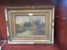 FRAMED OIL PAINTING SIGNED E W FARMER DEPICTING A MAN FISHING, WIDTH APPROX 50CM