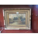 FRAMED OIL PAINTING SIGNED E W FARMER DEPICTING A MAN FISHING, WIDTH APPROX 50CM