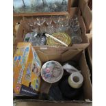 TWO BOXES OF MIXED CLEARANCE ITEMS INCLUDING GLASS WARE, STAINLESS STEEL CUTLERY ETC