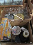 TWO BOXES OF MIXED CLEARANCE ITEMS INCLUDING GLASS WARE, STAINLESS STEEL CUTLERY ETC