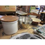 HEAVY STAINLESS STEEL JAM PAN AND GLAZED MIXING BOWL AND A CERAMIC BREAD BIN