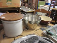 HEAVY STAINLESS STEEL JAM PAN AND GLAZED MIXING BOWL AND A CERAMIC BREAD BIN