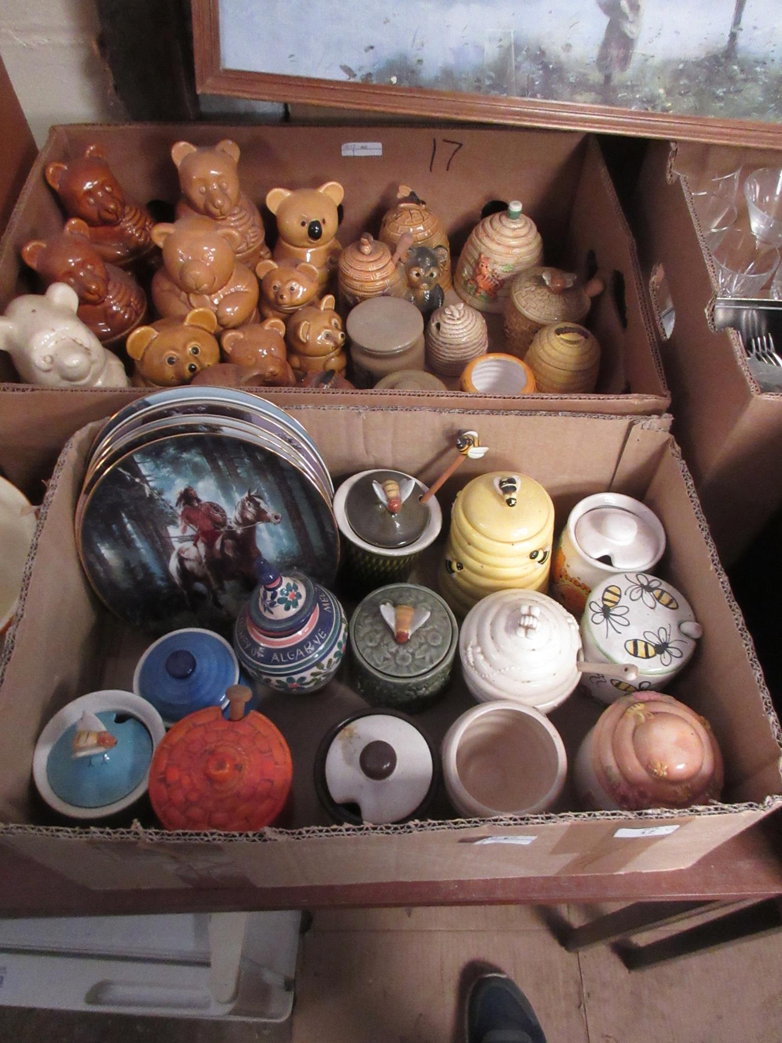 LARGE COLLECTION OF JAM AND HONEY POTS INCLUDING SEVERAL BEAR SHAPED EXAMPLES