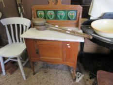 MARBLE TOP EARLY 20TH CENTURY WASH STAND WIDTH APPROX 77CM SET WITH ART NOUVEAU STYLE TILES TO BACK