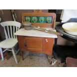 MARBLE TOP EARLY 20TH CENTURY WASH STAND WIDTH APPROX 77CM SET WITH ART NOUVEAU STYLE TILES TO BACK