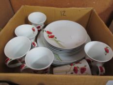 BOX OF MIXED DINNER WARES DECORATED WITH POPPIES