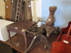 THREE VARIOUS TABLE LEGS AND A SMALL WOODEN STOOL