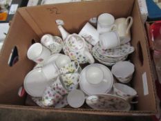 BOX OF MIXED FLORAL DECORATED CHINA INCLUDING QUEENS COUNTRY MEADOW AND OTHER INC ROYAL DOULTON