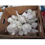 BOX OF MIXED FLORAL DECORATED CHINA INCLUDING QUEENS COUNTRY MEADOW AND OTHER INC ROYAL DOULTON