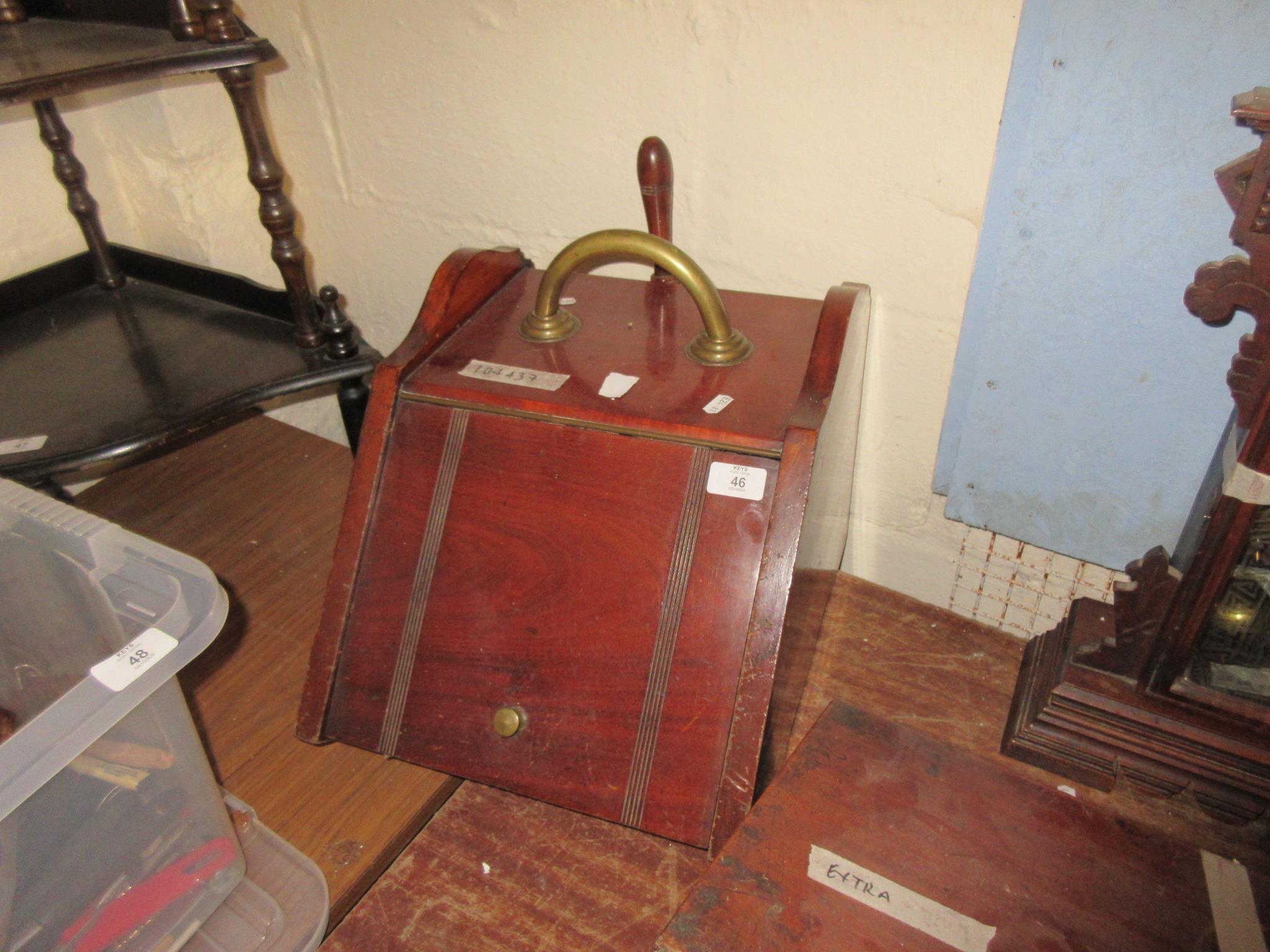 MAHOGANY COAL SCUTTLE AND A SHOVEL