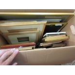 BOX CONTAINING QUANTITY OF VARIOUS PHOTO AND PICTURE FRAMES INCLUDING A VINTAGE SAMPLER, FRAMED