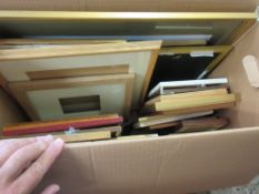 BOX CONTAINING QUANTITY OF VARIOUS PHOTO AND PICTURE FRAMES INCLUDING A VINTAGE SAMPLER, FRAMED