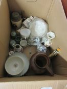 BOX CONTAINING VARIOUS CERAMICS INCLUDING PAIR OF FLORAL DECORATED DOULTON LAMBETH VASES (ONE A/