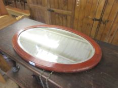 MAHOGANY INLAID OVAL OVERMANTEL MIRROR, WIDTH APPROX 68CM