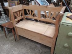 VINTAGE PINE BENCH SEAT, WIDTH APPROX 105CM, WITH INTEGRATED STORAGE BOX TO SEAT