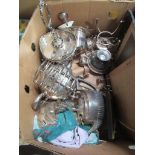 BOX CONTAINING LARGE QUANTITY OF GOOD QUALITY SILVER PLATED WARES INCLUDING TEA POTS ETC