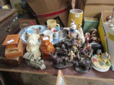 QUANTITY OF VARIOUS DECORATIVE CERAMICS INCLUDING FARM ANIMALS ETC, LARGE MEAT PLATE, NATIVE