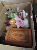 BOX OF MIXED CLEARANCE ITEMS INCLUDING TABLE BOXES ETC PLUS THREE MODERN QUARTZ WALL CLOCKS