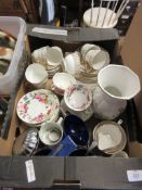 BOX CONTAINING VARIOUS LUBERN CUPS AND SAUCERS, HAND PAINTED FLORAL DECORATED CUPS ETC