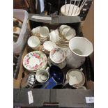 BOX CONTAINING VARIOUS LUBERN CUPS AND SAUCERS, HAND PAINTED FLORAL DECORATED CUPS ETC