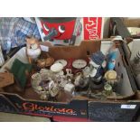 BOX OF MIXED DECORATIVE FIGURES PLUS A BAROMETER ETC