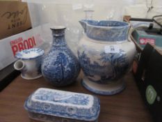 FOUR PIECES OF BLUE AND WHITE TRANSFER PRINTED POTTERY, JUG APPROX 22CM